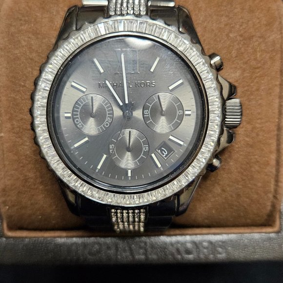 Michael Kors gunmetal watch with clear stone baguette bezel - style MK-5829 - Picture 1 of 5